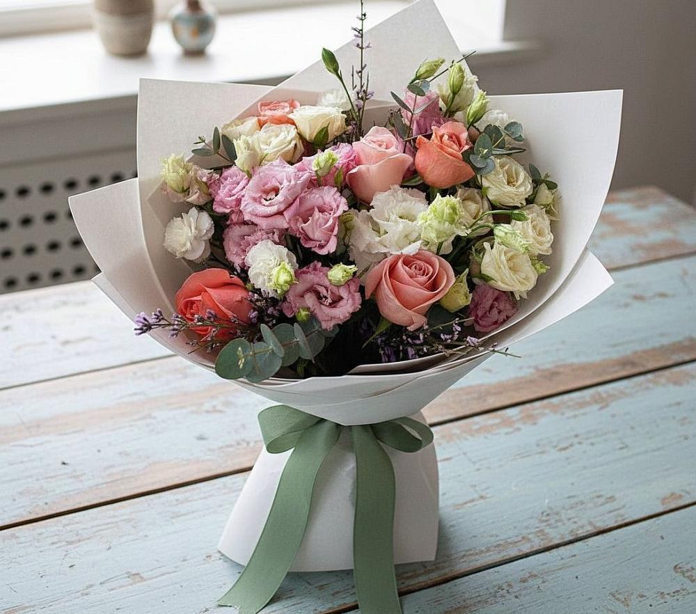 Букет цветов из: Розы, Лизиантусы и Гвоздики в Масловский