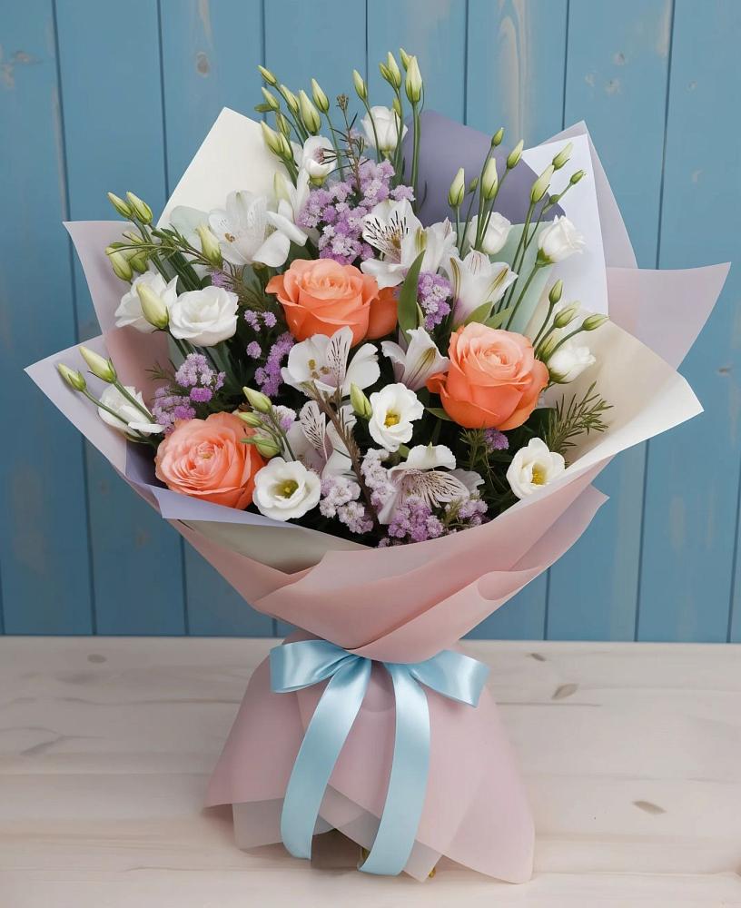 Букет цветов из: Лизиантусы, Розы, Альстромерии и Гипсофила в Масловский
