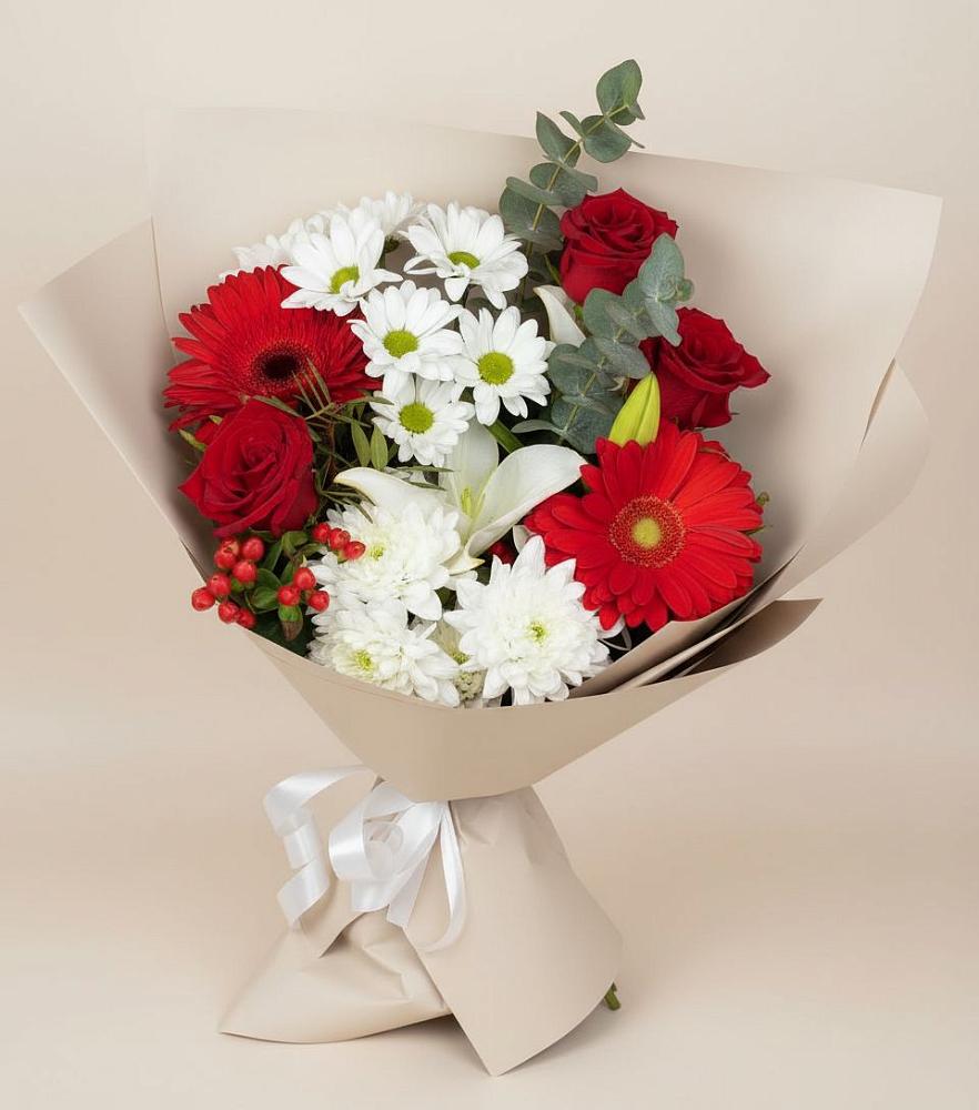 Букет цветов из: Розы, Хризантемы, Герберы и Лилии в Масловский