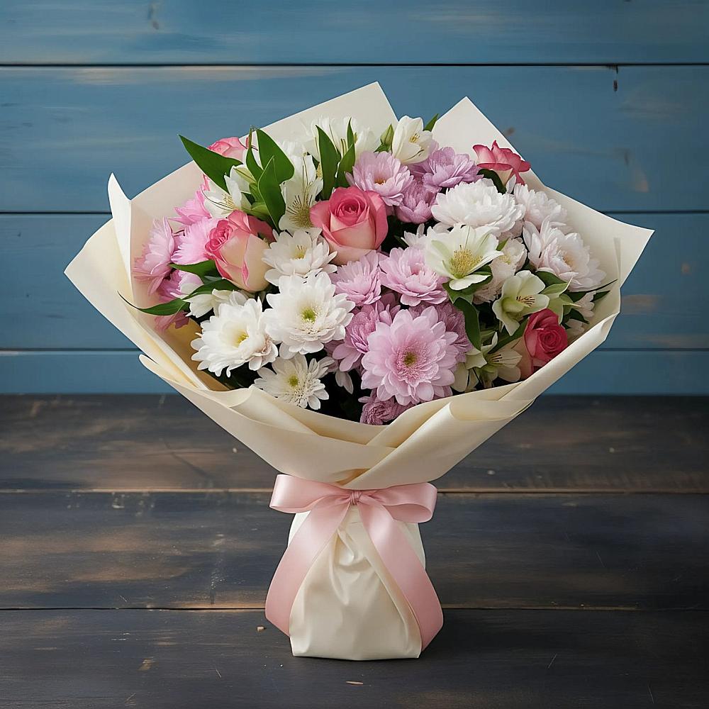 Букет цветов из: Хризантемы, Альстромерии и Розы в Масловский